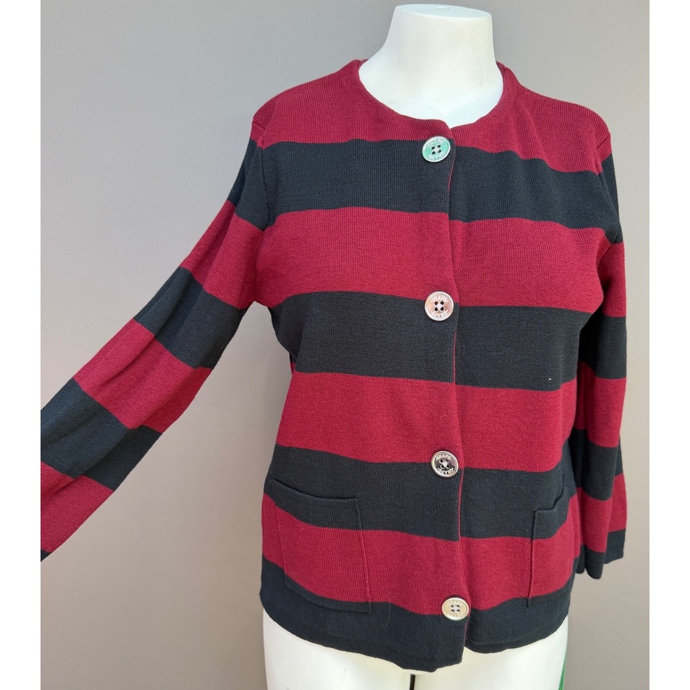 Chaps Classics XL Red Black Striped Cotton Button Front‎ Pocket Cardigan Sweater